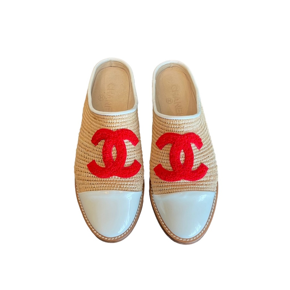 Chanel Raffia Logo Mules
